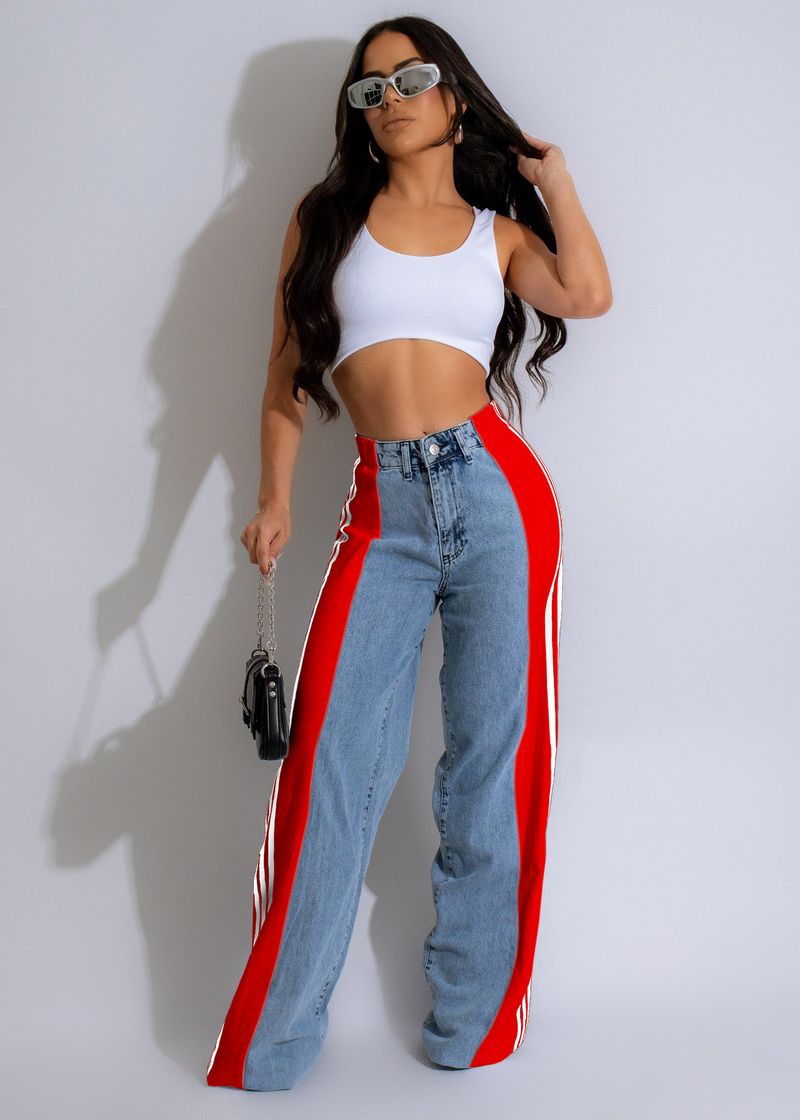 Ropa de mujer Pantalones vaqueros de pierna ancha con tres rayas y empalme de moda de verano Pantalones rectos elásticos de cintura alta informales nuevos para mujer_voghion.com