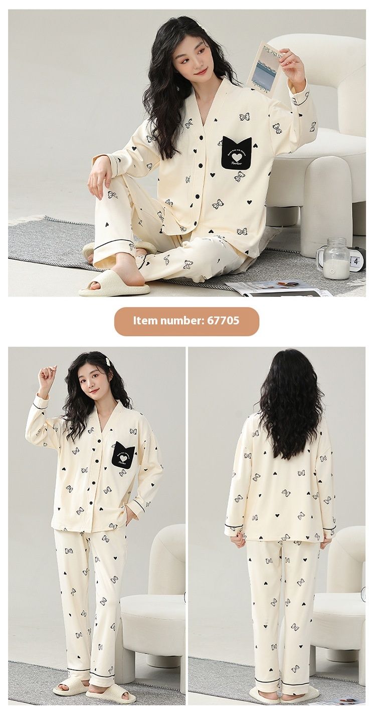Pyjama femme mignon pur coton cardigan à manches longues printemps et automne dessin animé décontracté version coréenne peut être porté comme_voghion.com