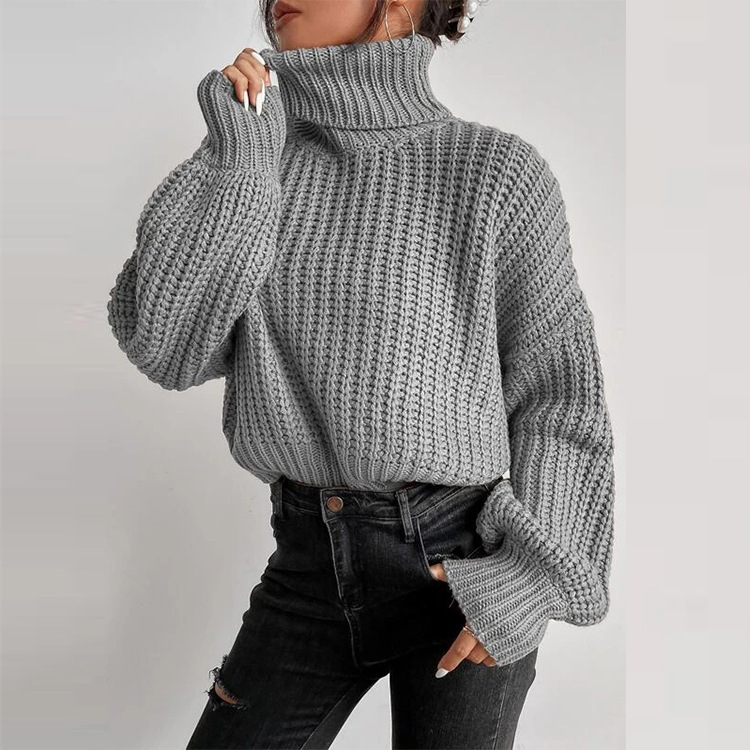 Women's fashion drop shoulder long sleeve knit loose turtleneck sweater_voghion.com
