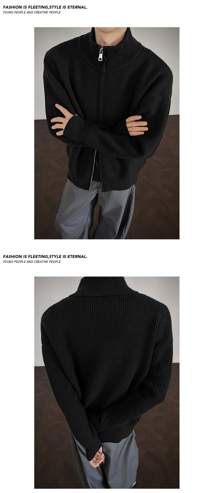 Unisex-Pullovermantel mit Stehkragen und Reißverschluss – Stilvolle Herbststrickmode mit schmaler Passform, Retro-Design und modischem Look_voghion.com