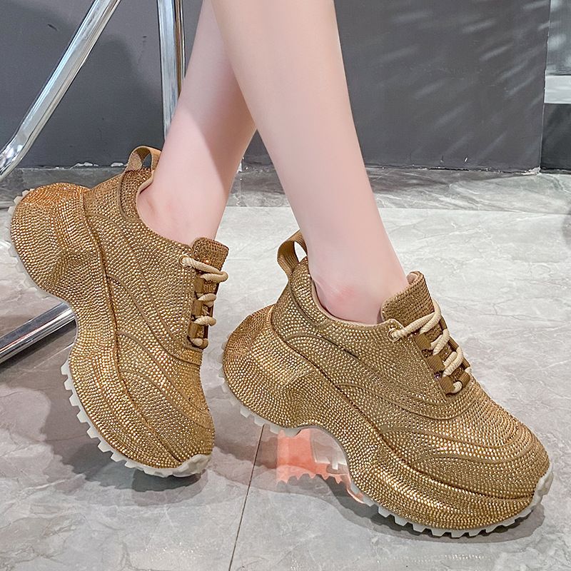 Modische Damen-Sneaker mit Strasssteinen – klobige Plateauschuhe für mehr Körpergröße, atmungsaktives Obermaterial aus PU, lässige und trendige Low-Top-Schnürschuhe_voghion.com