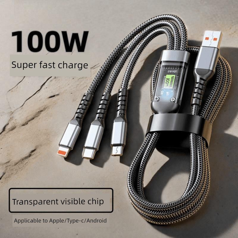Unbeatable Quality 100W Super Fast Charge Data One-Drag Three-in-One Car Applicable Huawei Iphone Android Flash Charging Cable 2 M_voghion.com