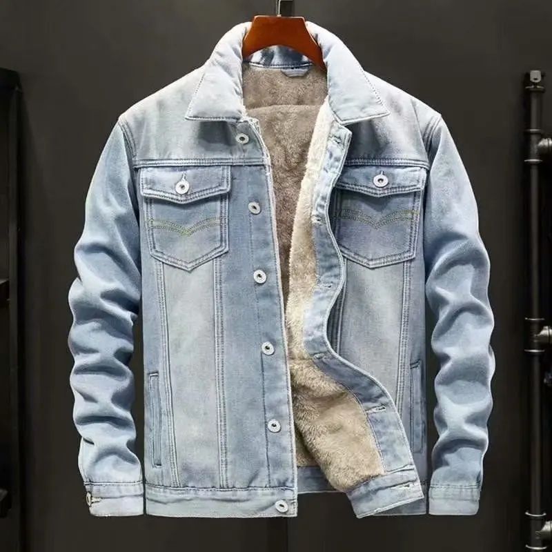 Verdikt denimjack met fleecevoering voor heren, losse pasvorm, warme werkkleding, trendy Koreaanse stijl, veelzijdige vrijetijdskleding in grote maten_voghion.com