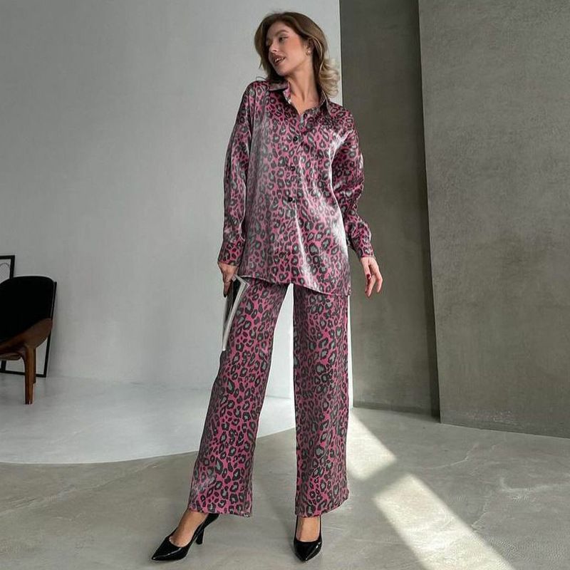 Ensemble deux pièces pour femme, chemise ample décontractée à manches longues et col rabattu, imprimé léopard, pantalon large_voghion.com