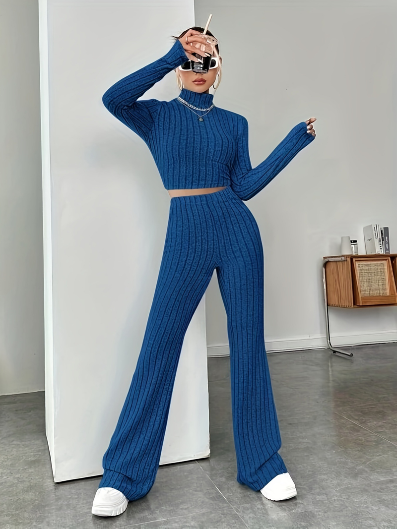 Women's tight fashion solid color pit strip set long sleeve sweater base_voghion.com