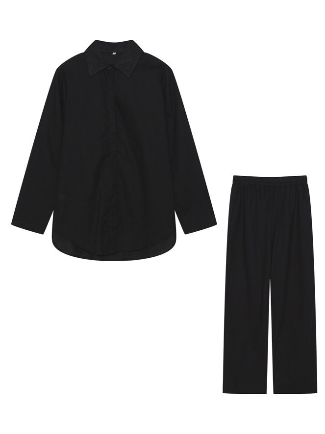 Damenbekleidung Zweiteiliges Set für Damen mit langärmeligem Revers und lässigem Frühlings- und Herbstanzug in einfarbiger Hose mit weitem Bein_voghion.com