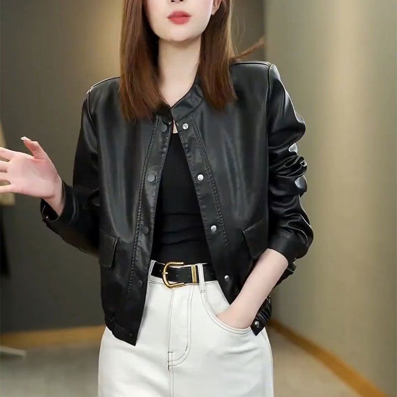 Kurz für Frauen 2025 Frühling Neue modische elegante vielseitige Petite PU Lederjacke Top_voghion.com