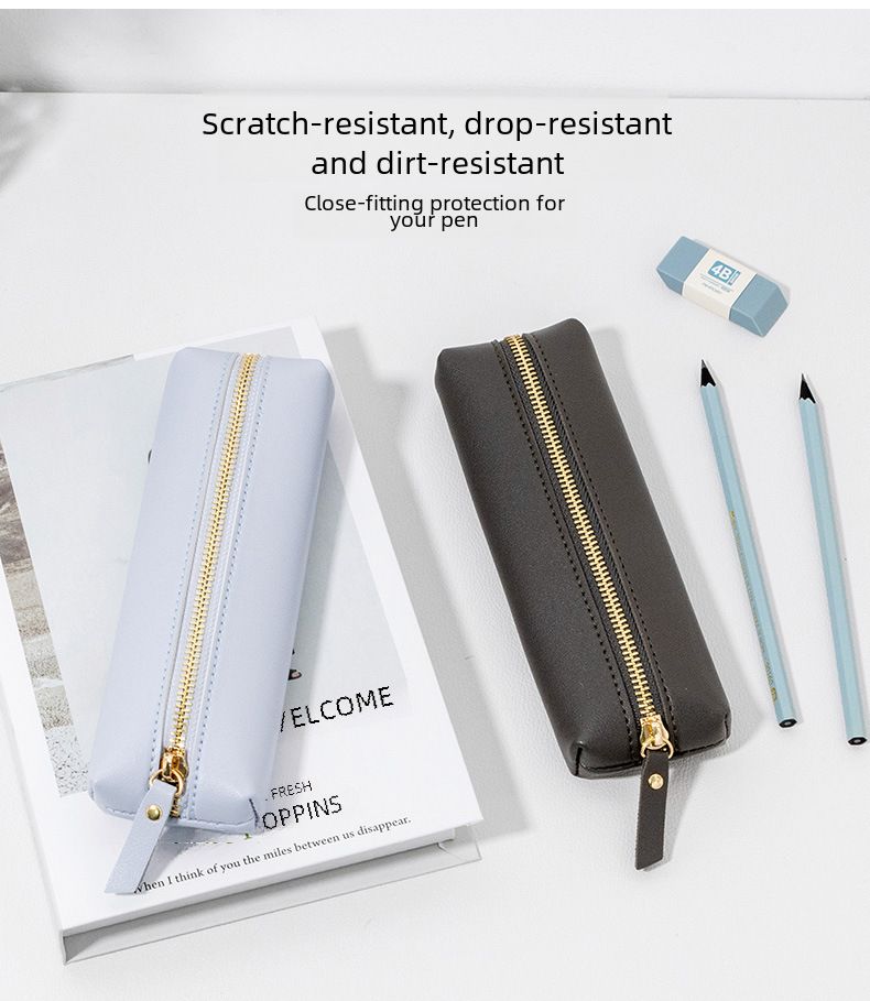 Estojo de couro simples para lápis, bolsa para armazenamento de canetas de escritório, caneta de assinatura, bolsa portátil com zíper à prova de vazamentos para artigos de papelaria_voghion.com