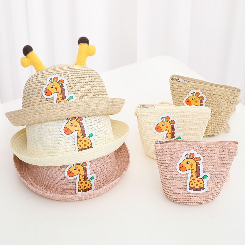 Ensemble de sacs en paille pour animaux de dessin animé, pare-soleil d'été, crème solaire et chapeau de pêcheur mignon pour enfants_voghion.com