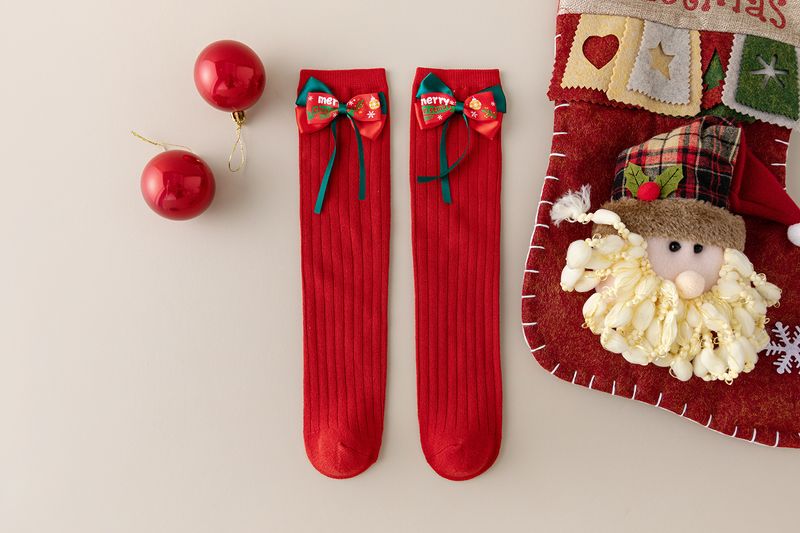 Calcetines para niños Otoño e invierno Calcetines con lazo rojo Calcetines de algodón rojos para niñas Calcetines navideños_voghion.com