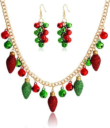 Set di collane natalizie con campanelle per donna - Ciondolo geometrico con orecchini abbinati, catena in lega O-Link, gioielli per feste (stili multipli)_voghion.com