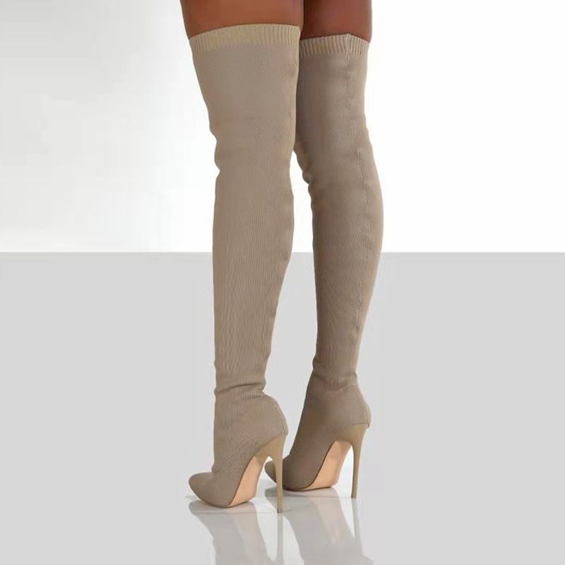 Plus Size Shoes Women's Stretch Knit Over-the-Knee Boots With Pointed Toe And High Heel For Autumn Winter Flyknit Elastic Wool Slip On Peep Toe_voghion.com
