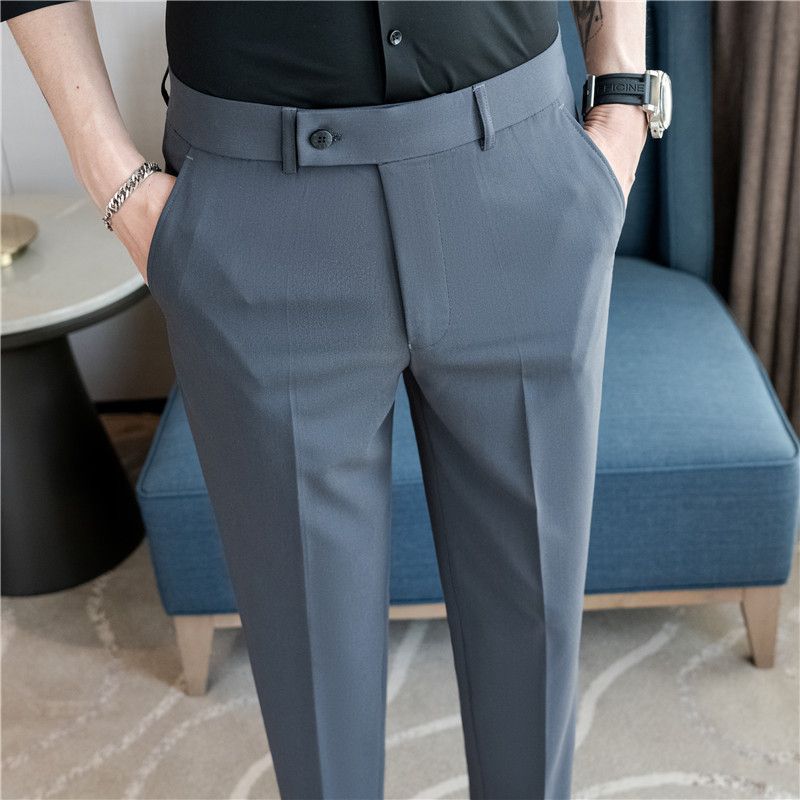 Summer new men's casual trousers, thin comfortable small straight nine-point trousers, elastic and drape on all sides, white trousers_voghion.com