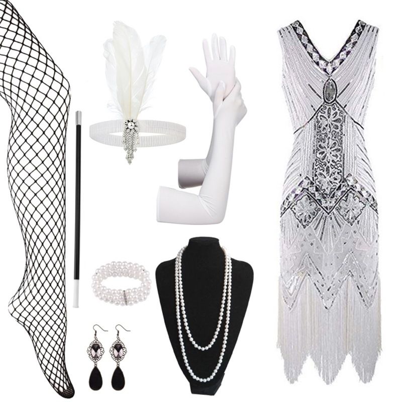 Vestido de noche de graduación estilo Gatsby con flecos y lentejuelas de los años 20 con conjunto de accesorios_voghion.com
