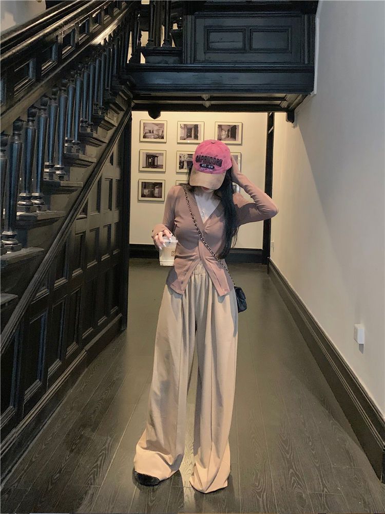 Completo da donna in due pezzi, casual, stile pigro, con scollo a V, top e pantaloni lunghi a gamba larga, strato di base, primavera e autunno_voghion.com