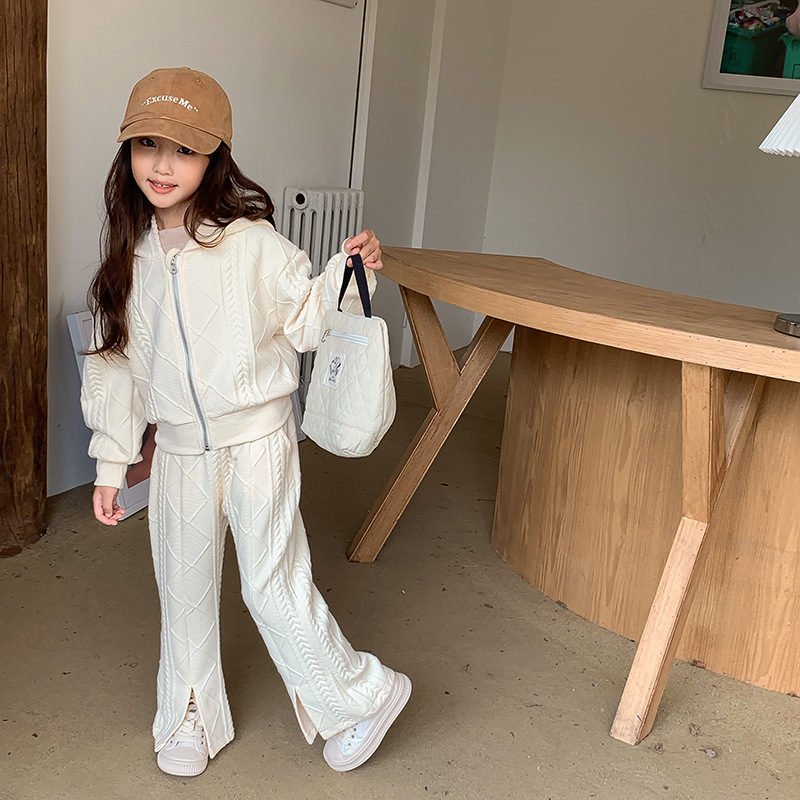 Mädchen Herbst Neue Kleine Mädchen Koreanische Kurze Strick Langarm Top Split Flare Hosen Zwei Stück Set Mode_voghion.com