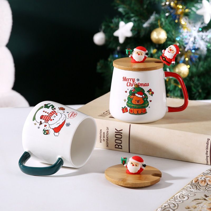 Kubek z pokrywką i łyżeczką, uroczy prezent świąteczny, wysokiej jakości ceramiczny kubek z wizerunkiem Świętego Mikołaja i łosia, pamiątka_voghion.com