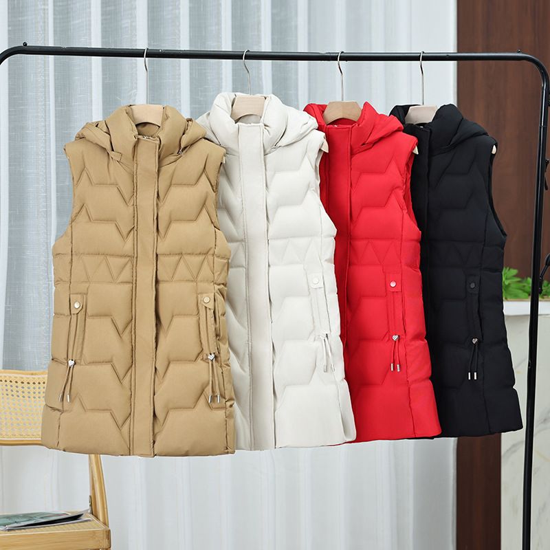 Quilted Puffer Vest For Women - Longline Hooded Winter Gilet With Zipper Pockets (Black/Beige/Khaki/Red, Sizes M-XXL)_voghion.com