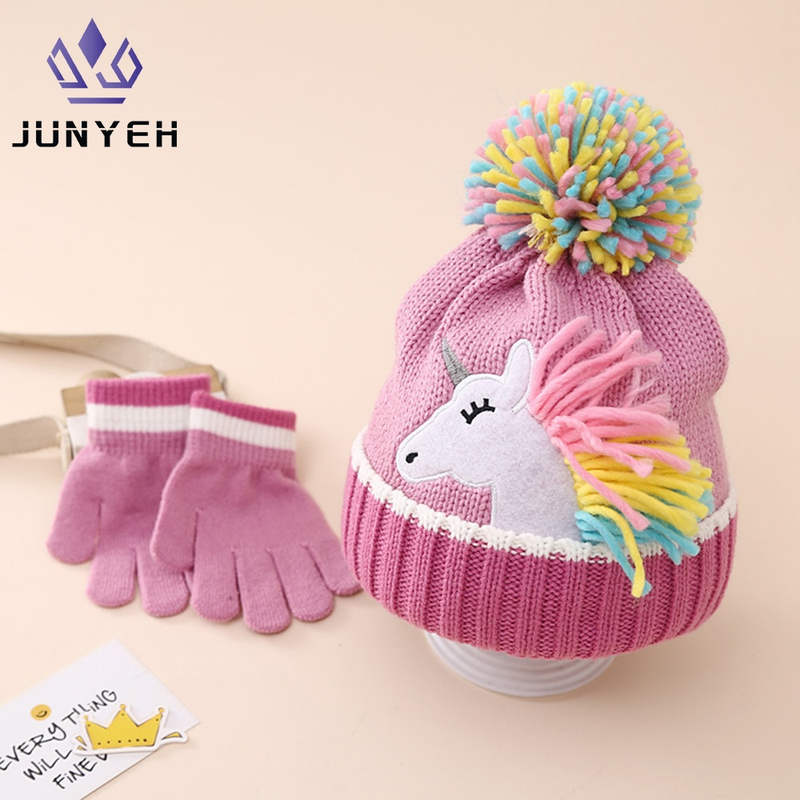 Bonés infantis unicórnio de desenho animado, chapéu de malha, luvas de inverno, gorro quente para meninas, conjunto de luvas para crianças de 2 a 6 anos_voghion.com