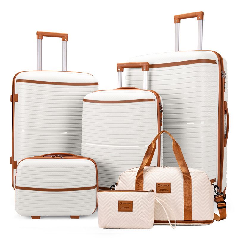 Set di sei valigie trolley in PP con ruote universali, antideflagranti, con cerniera, di colore marrone_voghion.com