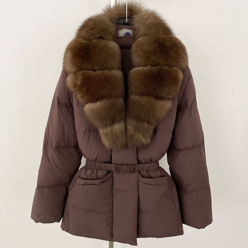 Eleganter Damen-Langdaunenmantel mit Fuchspelzbesatz, schmale Taille, 90 % weiße Entendaunen, warme Winterjacke_voghion.com