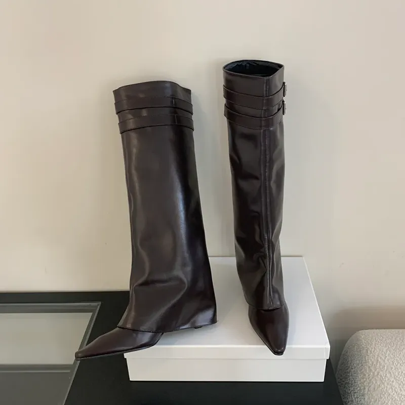 Spitzschuh Damen Winterstiefel Keil High Heels Gürtelschnalle Schwarz Braun PU Leder Botas Fashion Abendschuhe Frau 39_voghion.com
