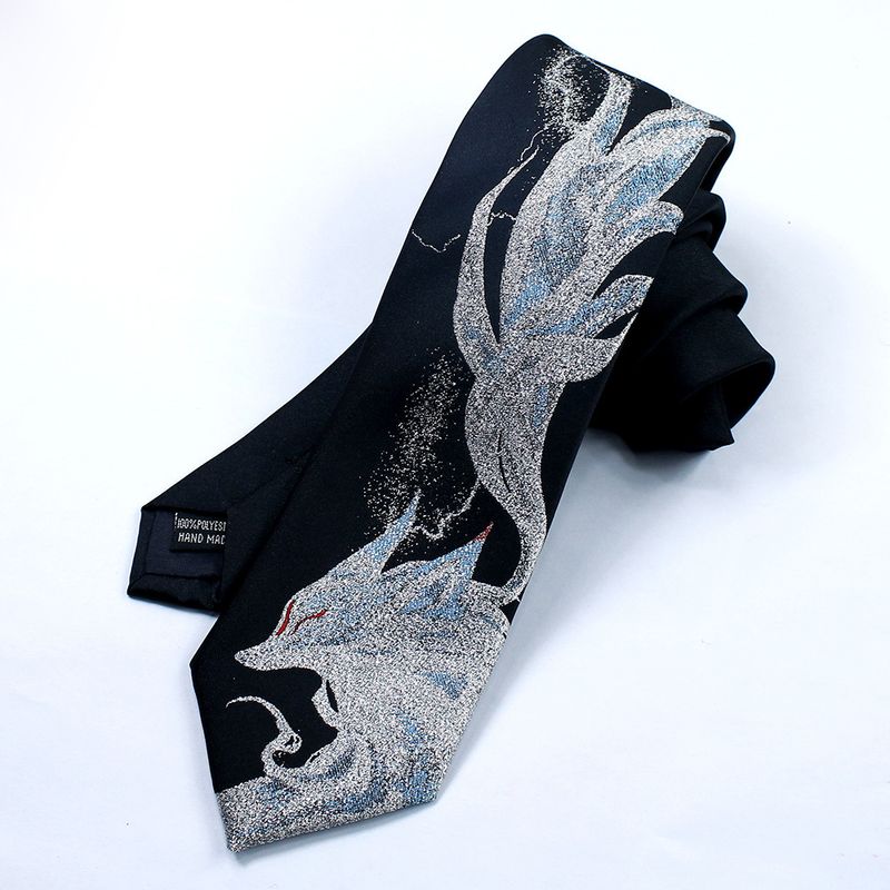 Accessorio per camicia unisex nera lavorata a mano Qingqiu JK Cravatta JKDK con volpe argentata a nove code_voghion.com