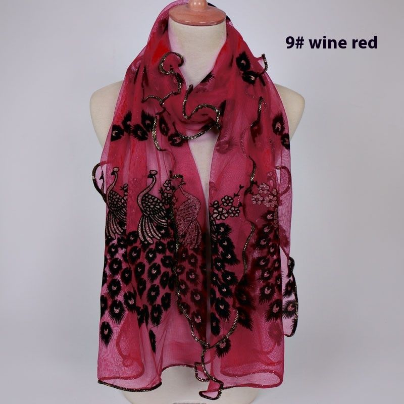 Peacock Plush Breathable Long Scarf With Gold Foil And Lace Edging For Women_voghion.com
