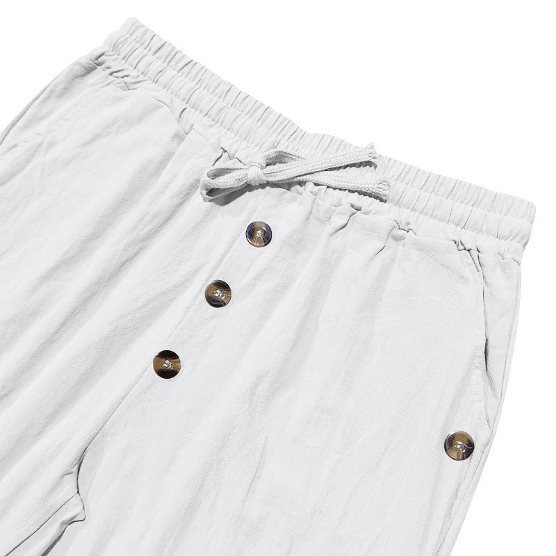 Spring And Autumn American Beach Solid Color Cotton Linen Loose Drawstring Button Casual Pants For Men_voghion.com