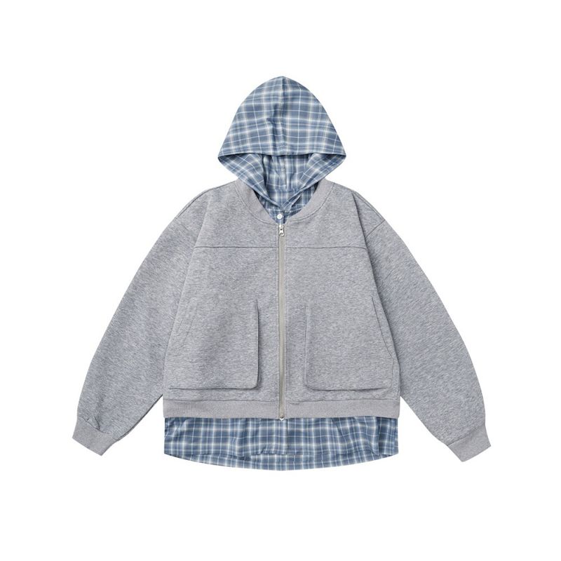 Zweiteiliges Strickjacke-Sweatshirt mit Kapuze für Männer, trendiges Farbblock-Patchwork, karierter Hut, Designgefühl, Persönlichkeit, locker_voghion.com