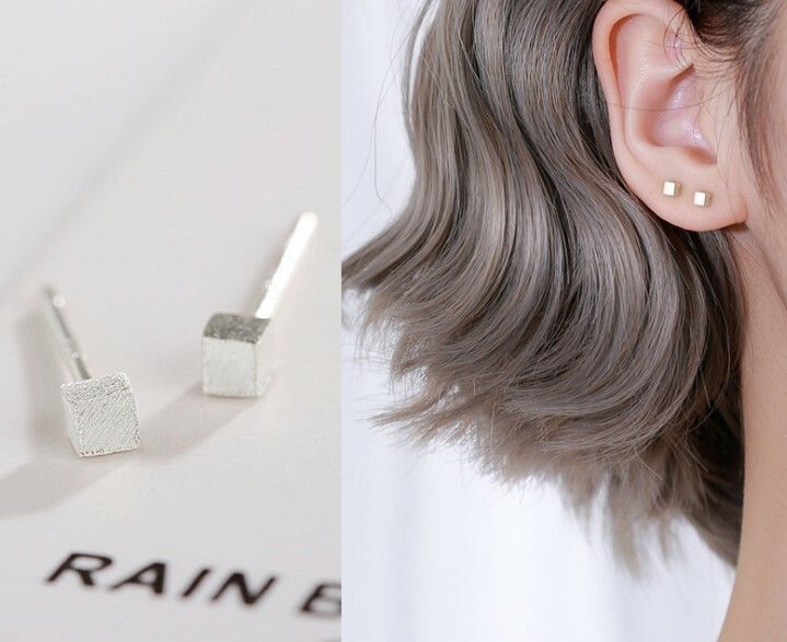 3mm Tiny Brushed Cube Square Stud Earrings 925 Sterling Silver Gift PE18_voghion.com