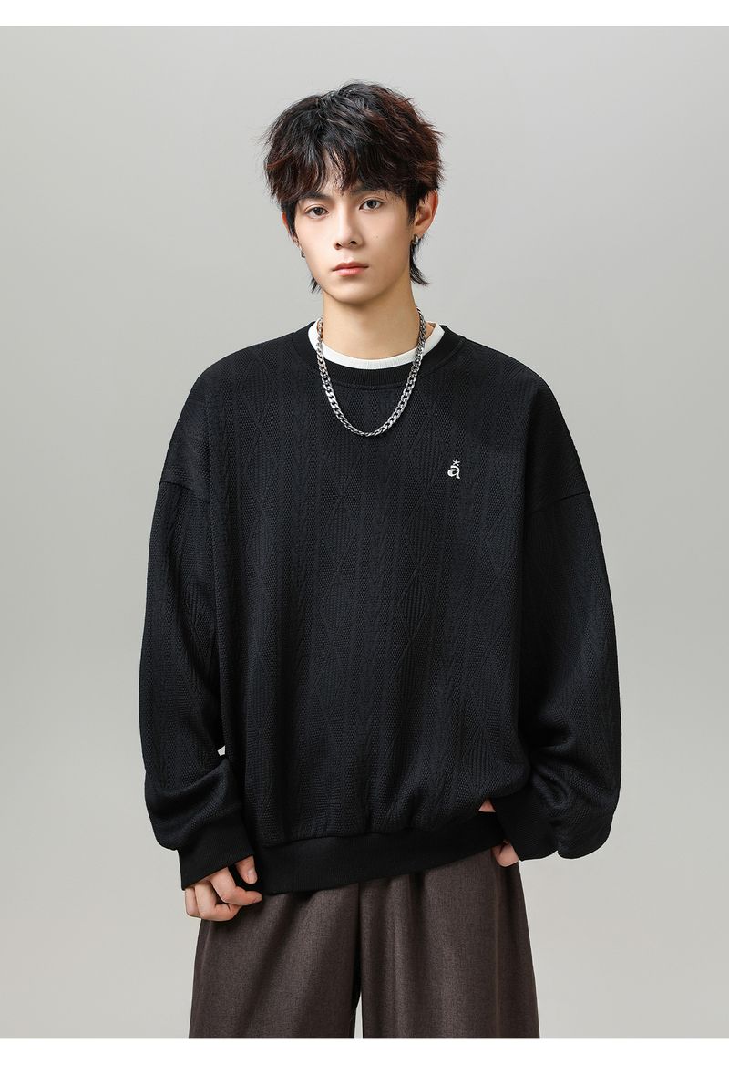 Vintage-inspiriertes Rundhals-Sweatshirt mit Buchstabenstickerei für Herren – Strukturierter Jacquard-Pullover im Retro-Stil mit kontrastierendem Farbdesign_voghion.com