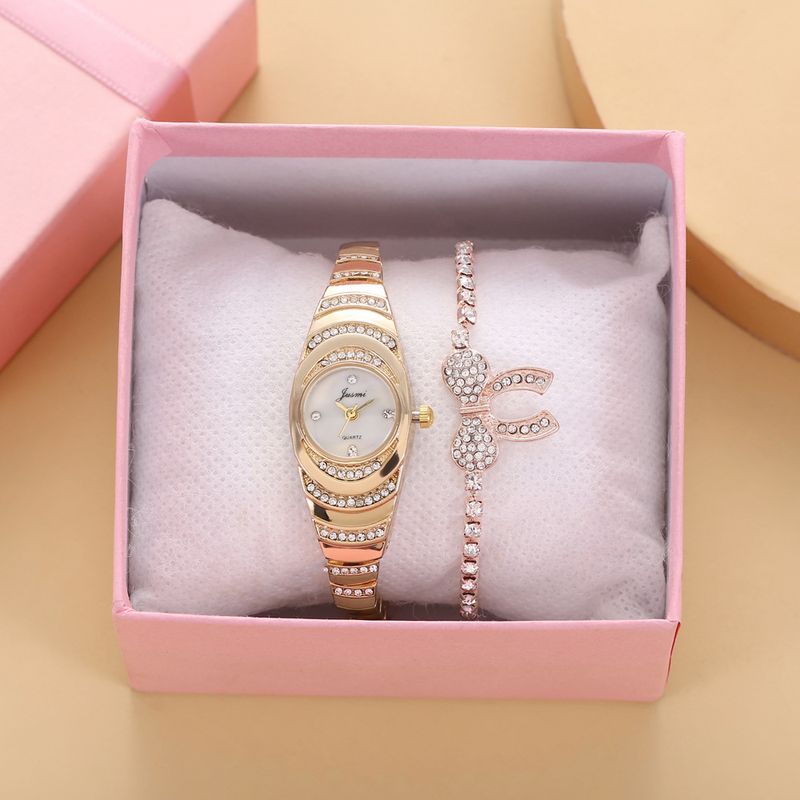Diamond studded small dial thin strap personalized trendy steel strap quartz watch + bracelet (2pcs/set)_voghion.com
