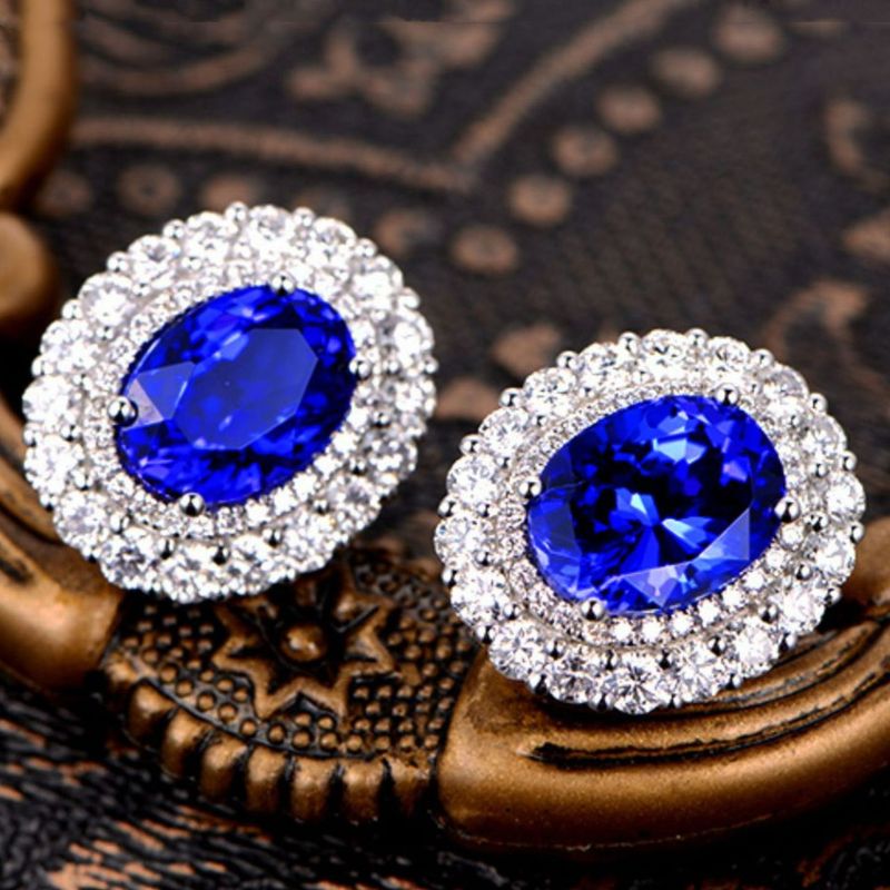 Luxury Fashion Colored Gemstone 6 Carat Tanzanite Stud Earrings Emerald Red Blue Diamond Set Gemstone Earrings Party Birthday Gift Anniversary Gift_voghion.com