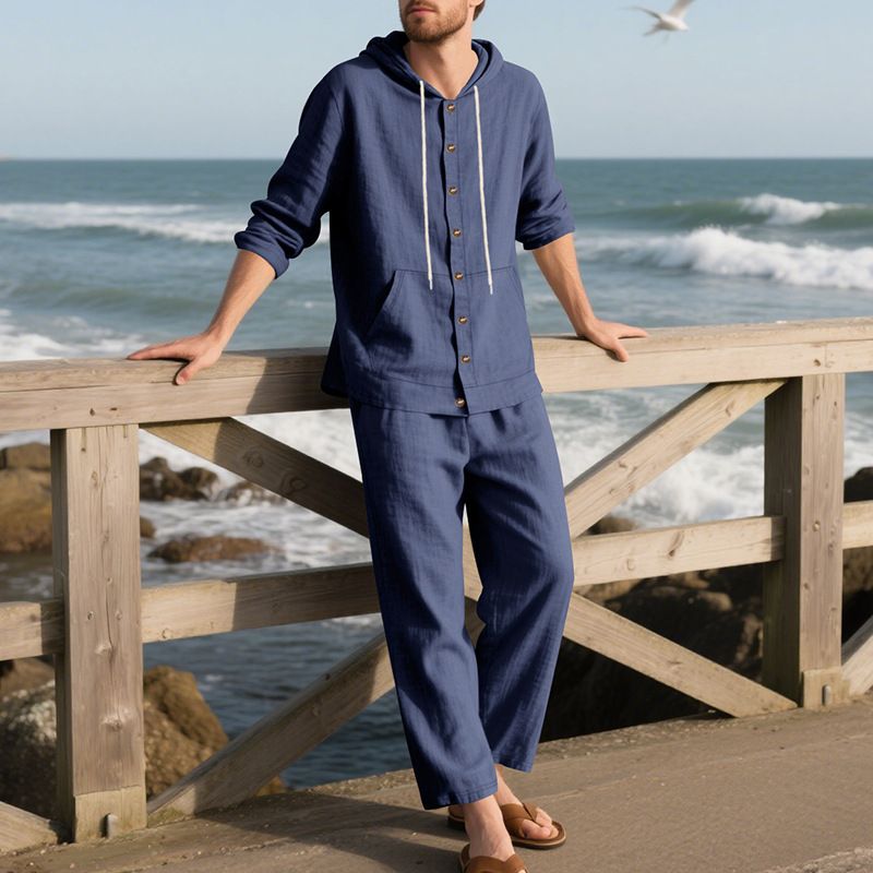 Camicia con cappuccio e pantaloni lunghi larghi in lino da uomo in stile americano, stile primaverile e autunnale, casual da spiaggia_voghion.com