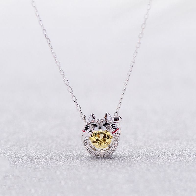 Beating Heart Lucky Cat Female Elements Crystal Chinchilla Clavicle Necklace_voghion.com