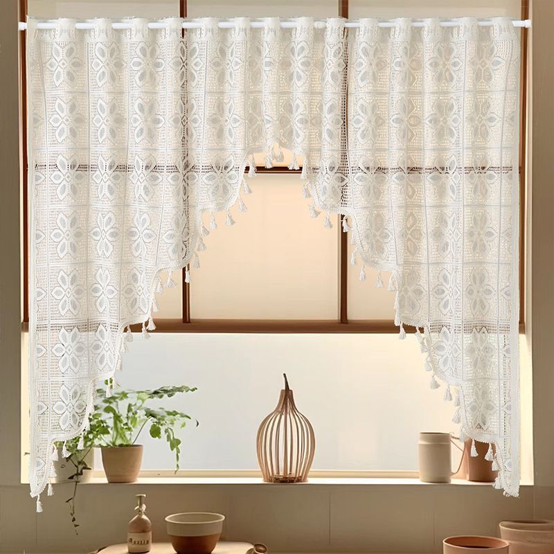 Kanten deurgordijn met kwastjes - elegant transparant paneel voor café, geen boor nodig, spanstang, stofdicht polyester voor eetkamer, entree en balkon_voghion.com