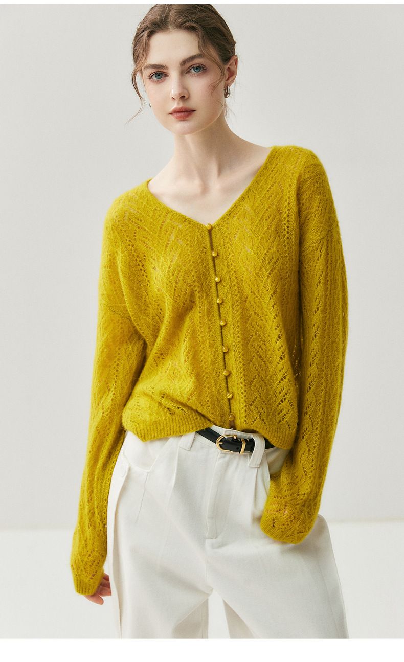 Cardigan da donna in 75% cashmere e 25% seta di gelso, con scollo a V, ampio e sottile, in maglia, taglie forti_voghion.com