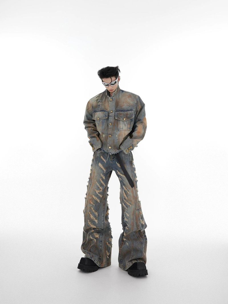 Men's Clothing Niche Retro Wasteland Destruction Denim Jacket Suit Heavyweight Distressed Jacket Flared Jeans Trend_voghion.com