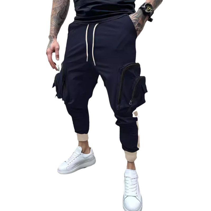 Pánské ležérní kalhoty na zip s více kapsami, barevné bloky, malé pracovní kalhoty, moderní outdoorové kalhoty_voghion.com