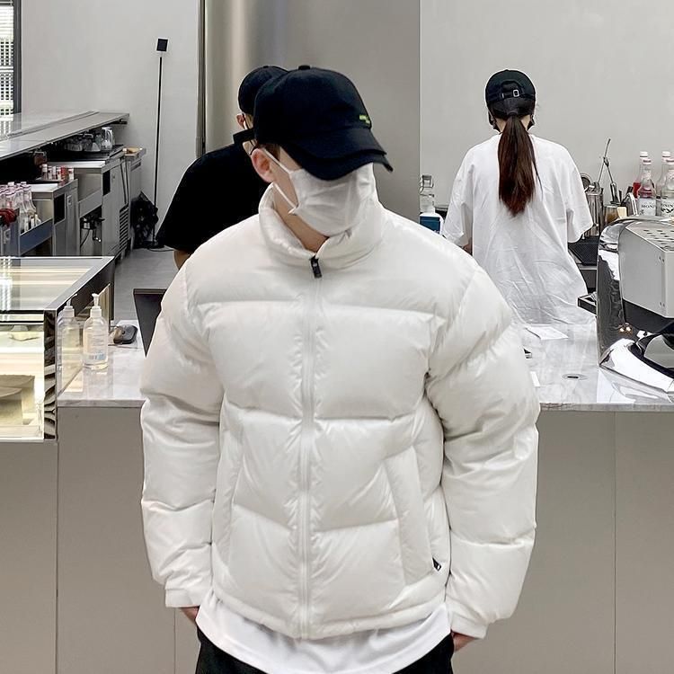 Men's Streetwear Short Puffer Jacket Winter Stand Collar Shiny Loose Fit Thickened Bomber Coat_voghion.com