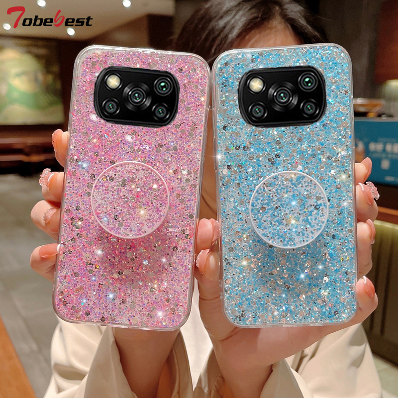 Shiny Glitter Gypsophila telefonholder Veske For Xiaomi POCO X3 NFC M3 Pro Bling Gull Sølv Folie Silikondeksel_voghion.com