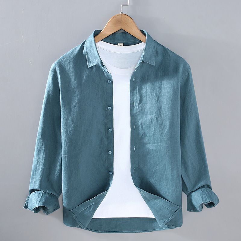 Camicia casual con risvolto da uomo in puro lino di alta qualità, primavera estate, stile oversize, ampia e versatile._voghion.com