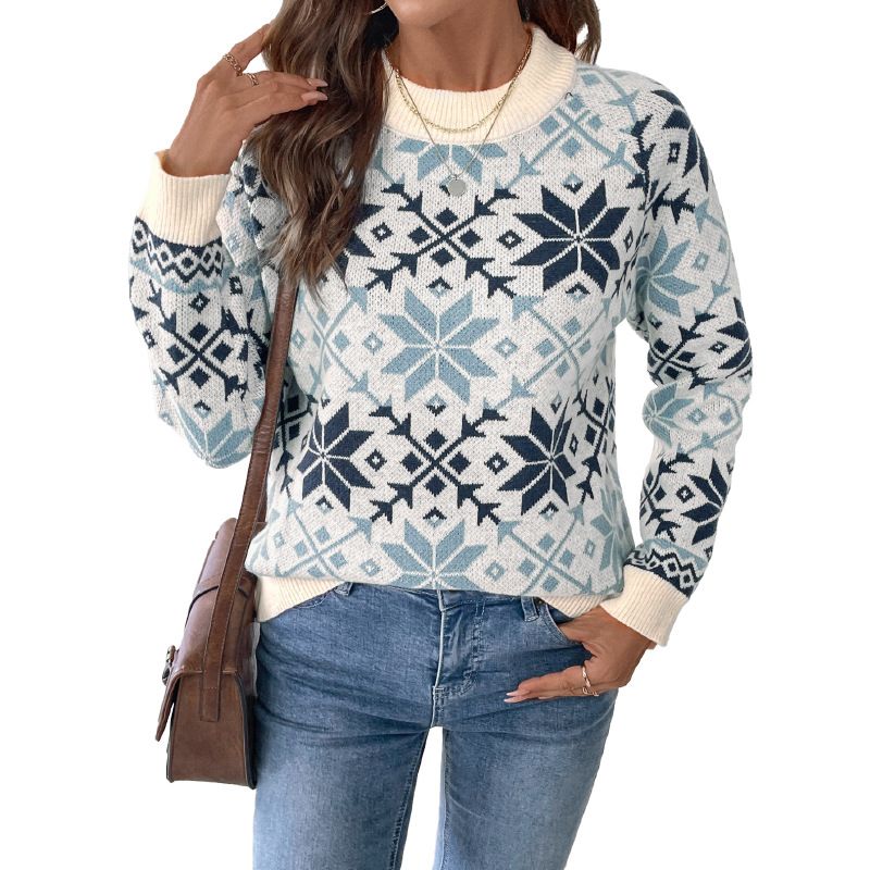 European Goods 2025 New Autumn Winter Cross-Border Retro Nordic Style Long Sleeve Round Neck Snowflake Geometric_voghion.com