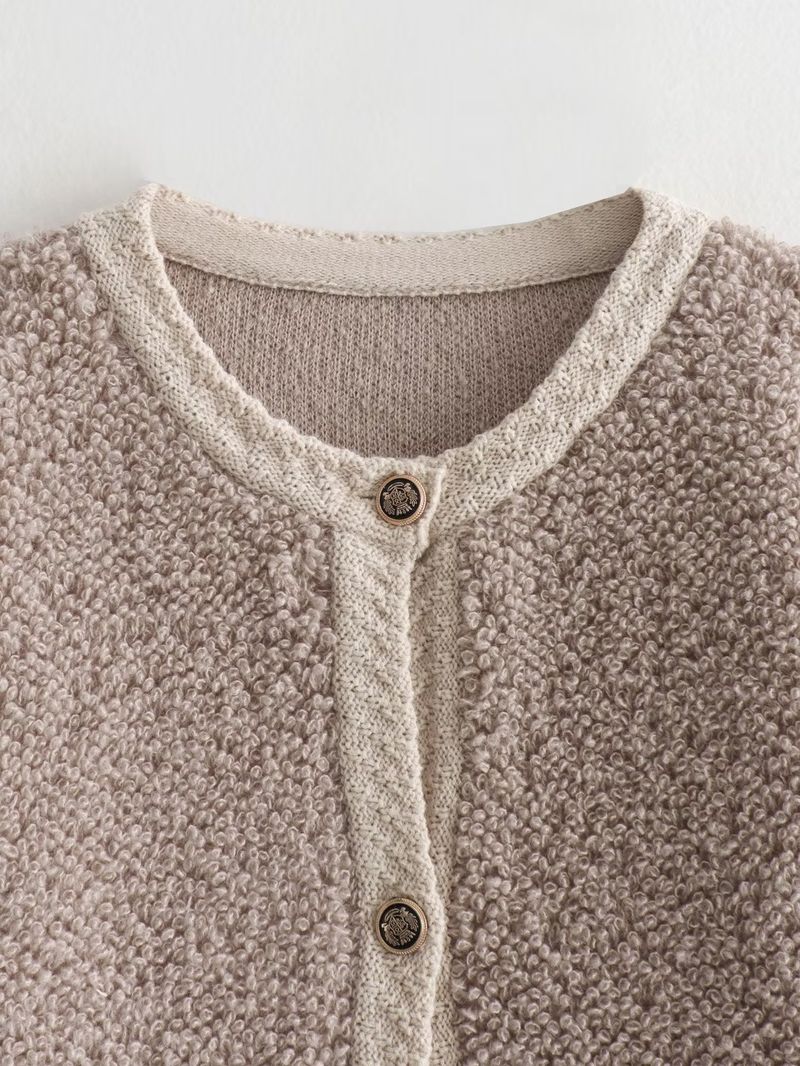 2024 Autumn New Women's Button Decoration Woolen Loop Yarn Knitted Open Front Coat w063 2822_voghion.com