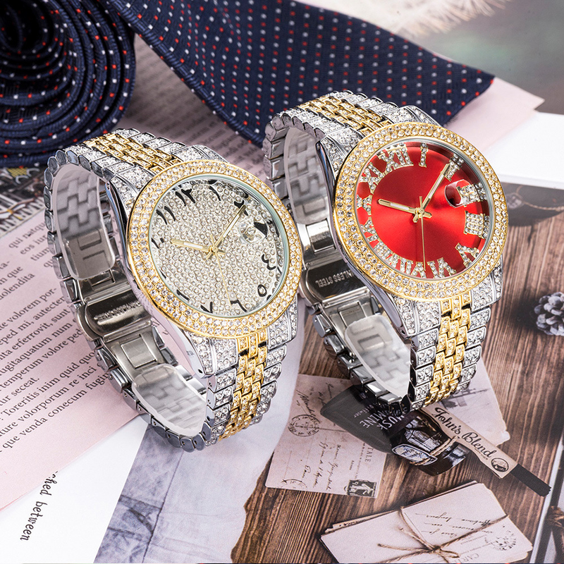 Gouden, hoogwaardige, volledig met diamanten versierde Arabische sterrenhemel, waterdicht quartz herenhorloge_voghion.com