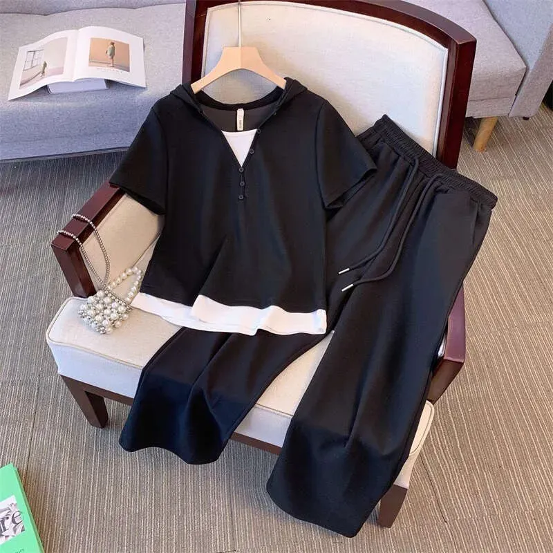 Lazy Style Hooded Color-Block Wide-Leg Pants Set For Women Summer Plus Size Casual Elegant Slimming Two-Piece Trendy_voghion.com
