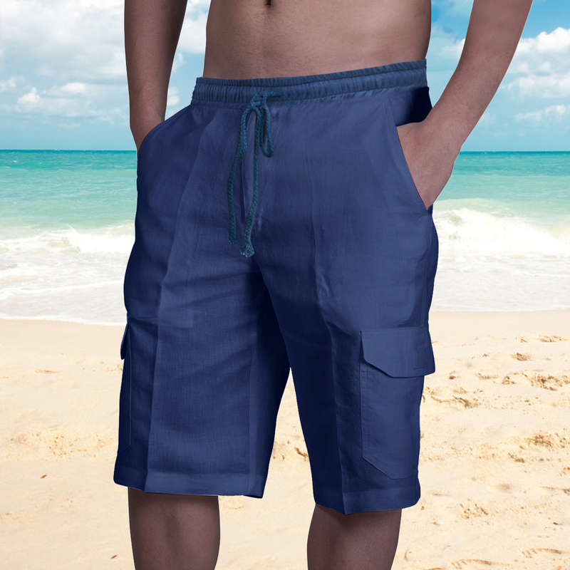 2022 nuovi pantaloncini di lino multitasche con lacci pantaloni da lavoro da spiaggia da uomo_voghion.com