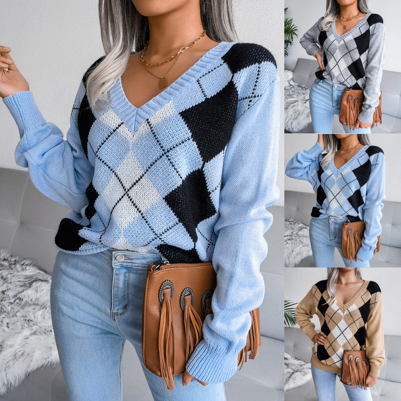 Maglione casual a rombi in stile college, autunno inverno 2024, moda donna_voghion.com
