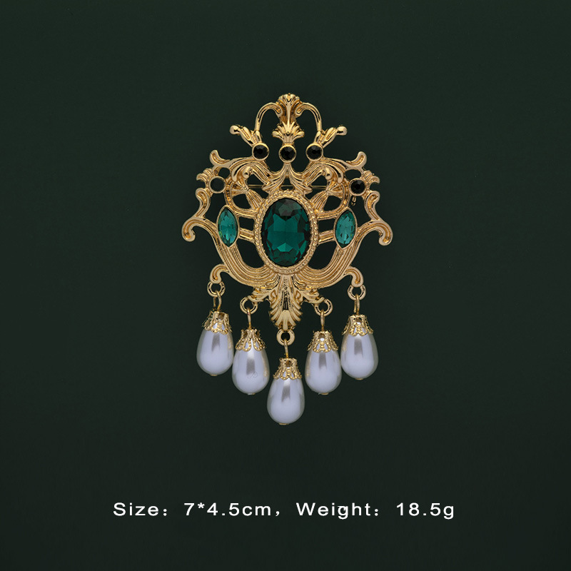Designer-Stil, Barock-Retro-Gold-Damenbrosche, Edelstein, antike Hofaccessoires_voghion.com